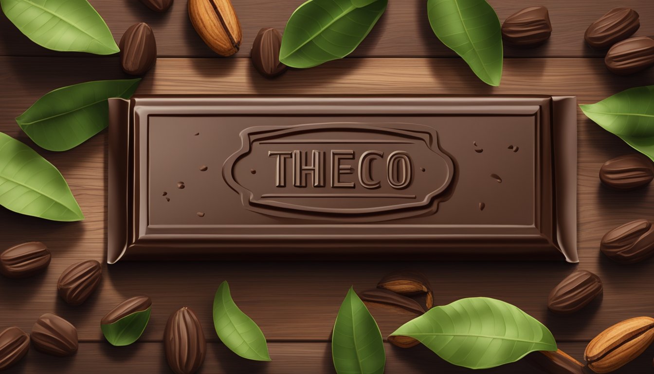 A dark chocolate bar with "Theo" branding surrounded by organic cacao pods and leaves on a rustic wooden table