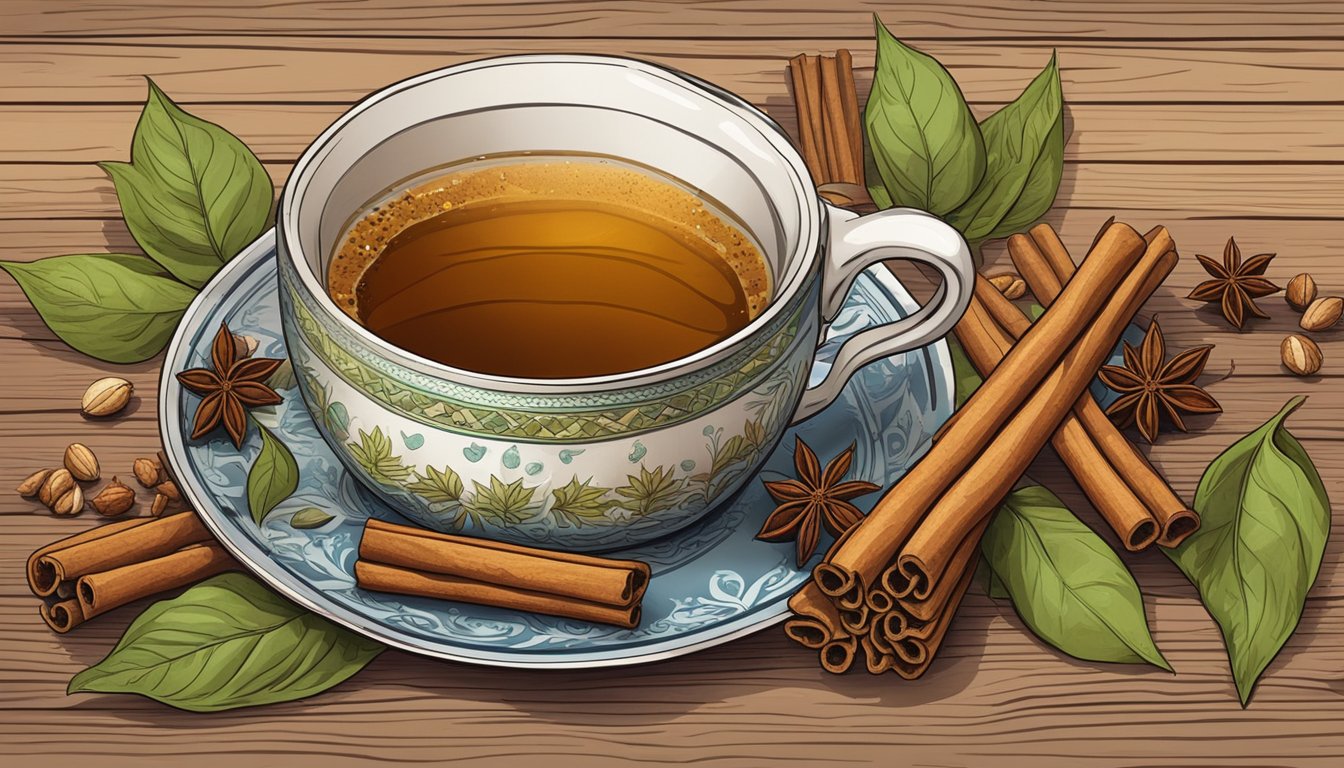 A steaming cup of Bengal spice herbal tea surrounded by cinnamon sticks, cloves, and cardamom pods on a rustic wooden table