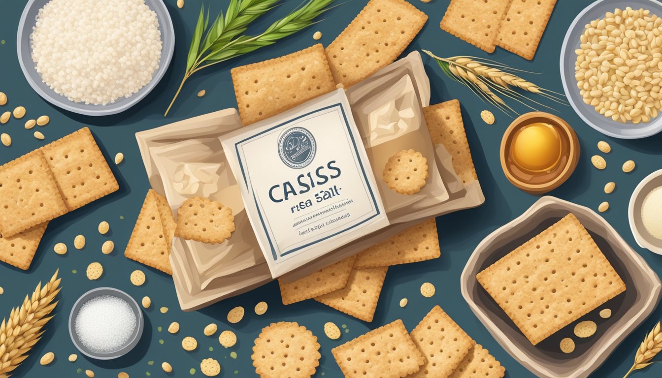 A table set with an assortment of organic ingredients, including wheat, sea salt, and sesame seeds, with an open box of Classic Rich Crackers in the center