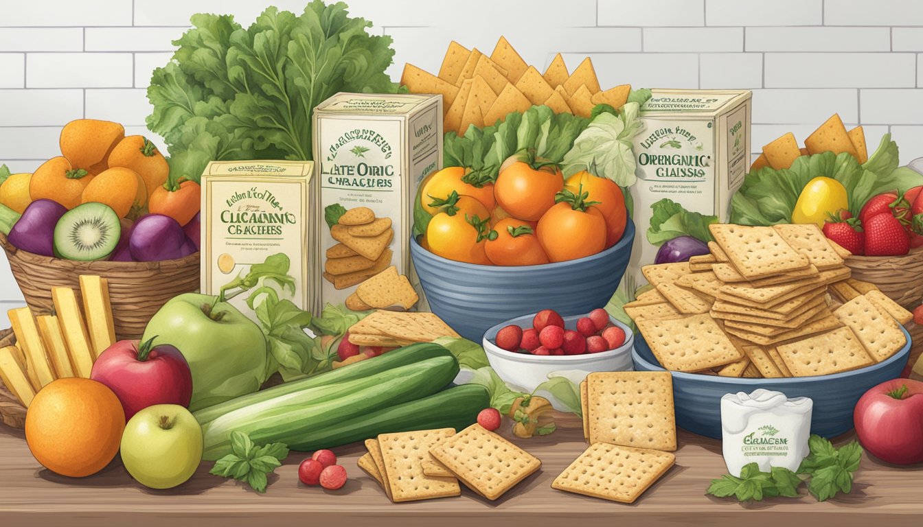 A table set with a variety of organic crackers, surrounded by fresh fruits and vegetables, with a banner reading "Late July Organic Classic Rich Crackers Unveiling."