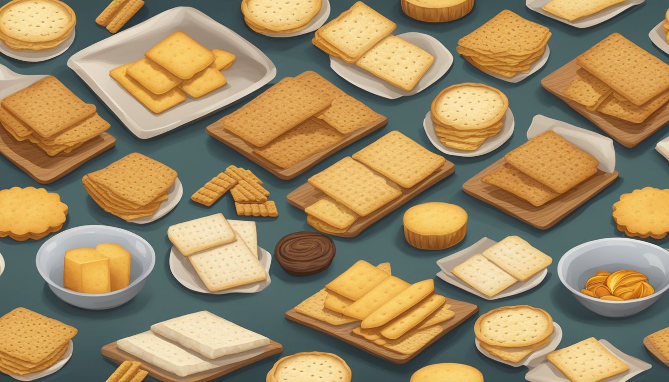 A table set with a variety of crackers, some broken open to reveal their texture and flavor. The crackers are arranged in a pleasing, inviting display