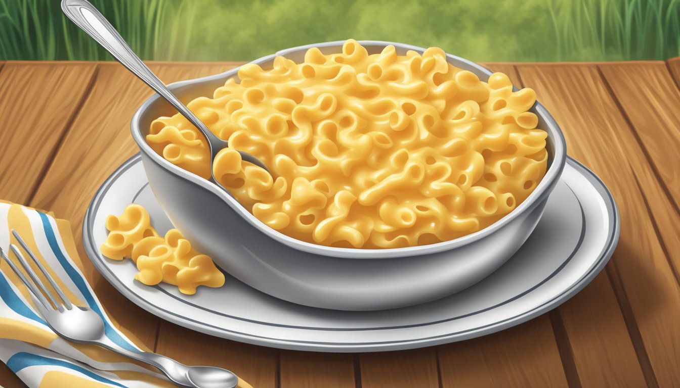 A steaming bowl of Kraft Original Macaroni & Cheese Dinner with a spoon resting beside it on a wooden table