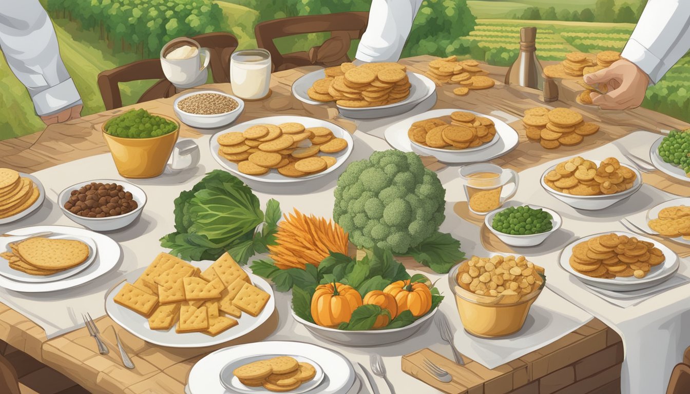 A table set with a variety of rich crackers, surrounded by images of organic farms and sustainability symbols