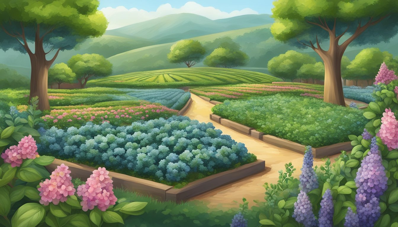 A serene tea garden with blueberry bushes, surrounded by a variety of organic ingredients like herbs, flowers, and fruits