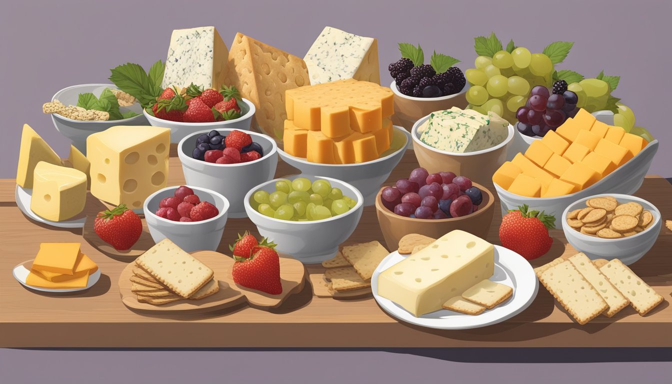 A table with an assortment of late july organic classic rich crackers and various pairings, such as cheese, fruits, and spreads, displayed for a tasting event