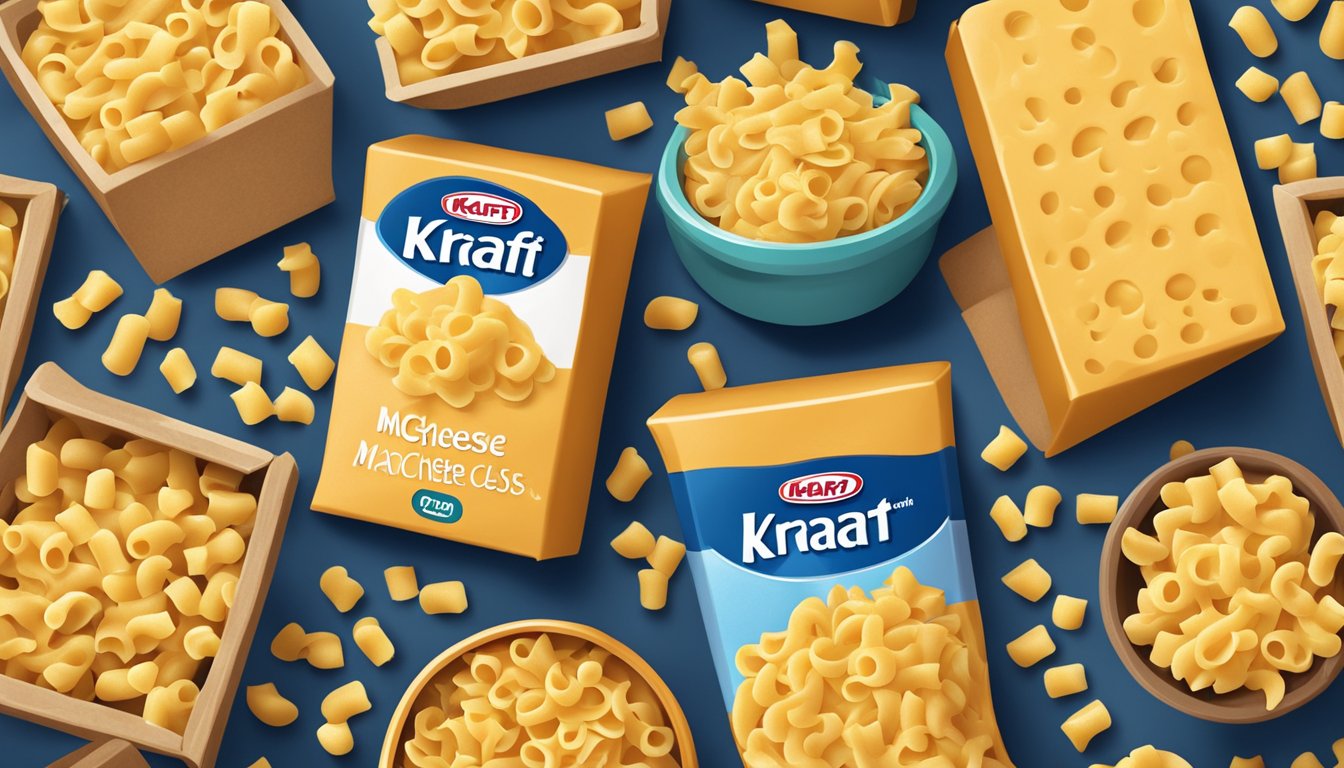 A box of Kraft macaroni and cheese surrounded by scattered pasta shells and a block of cheese