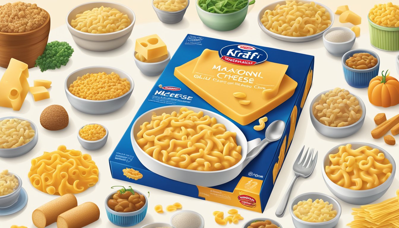 A box of Kraft Original Macaroni & Cheese dinner surrounded by various dietary consideration symbols such as gluten-free, organic, and vegetarian