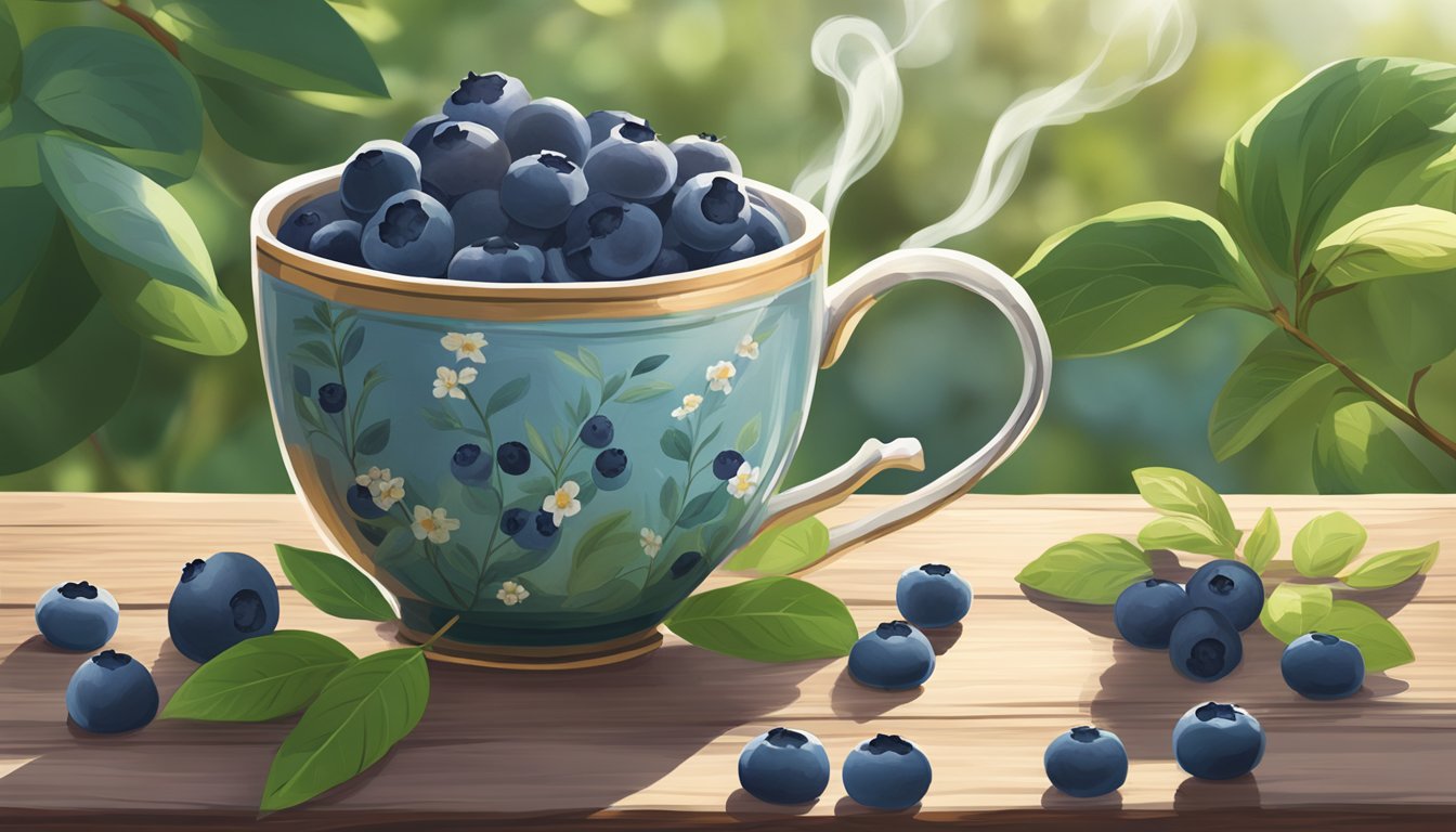 A serene, sunlit garden with ripe blueberries and a steaming cup of Yogi Organic Blueberry Slim Life tea on a rustic wooden table