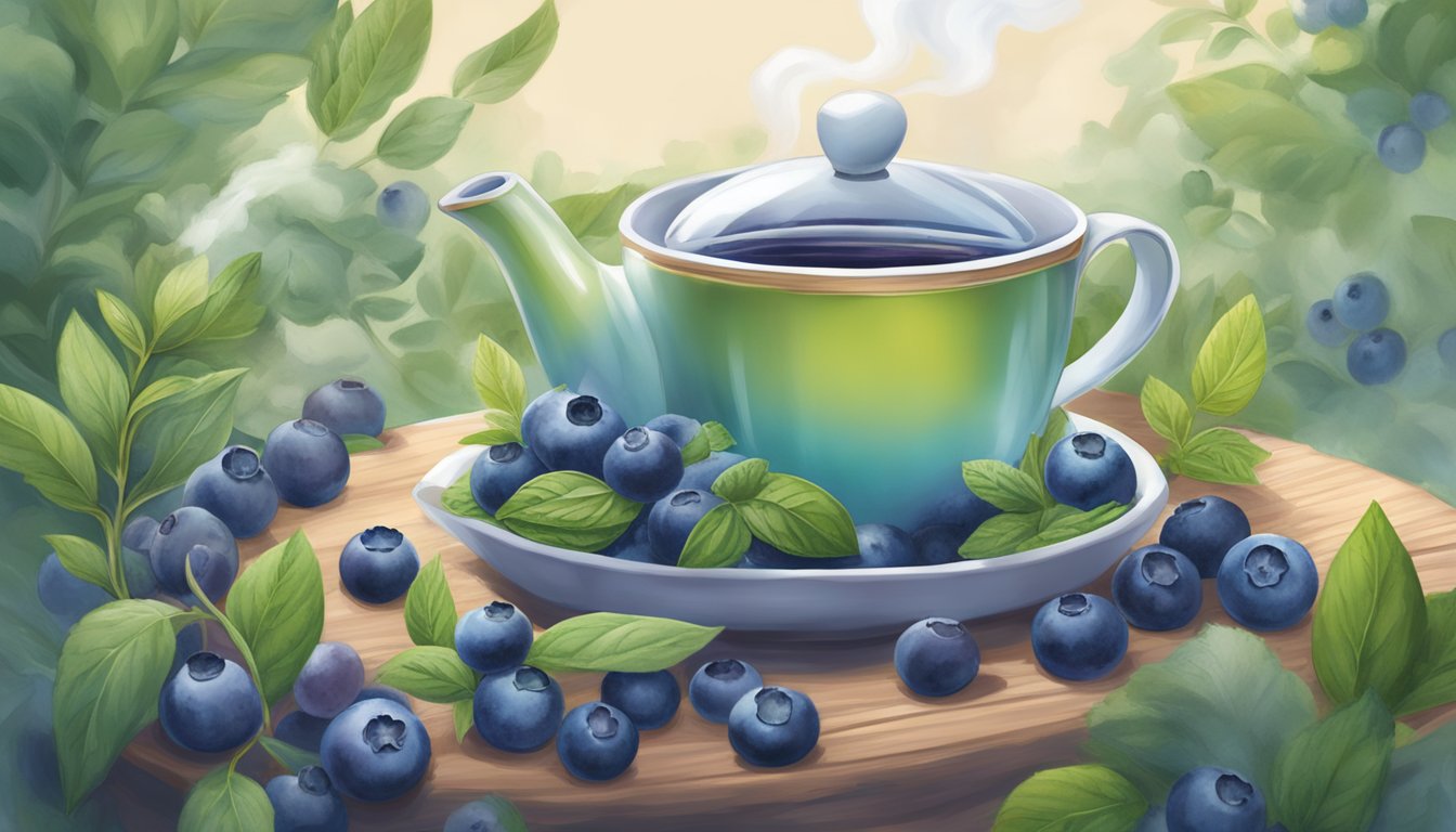 A steaming cup of Yogi Organic Tea Blueberry Slim Life being brewed in a teapot, surrounded by fresh blueberries and herbs