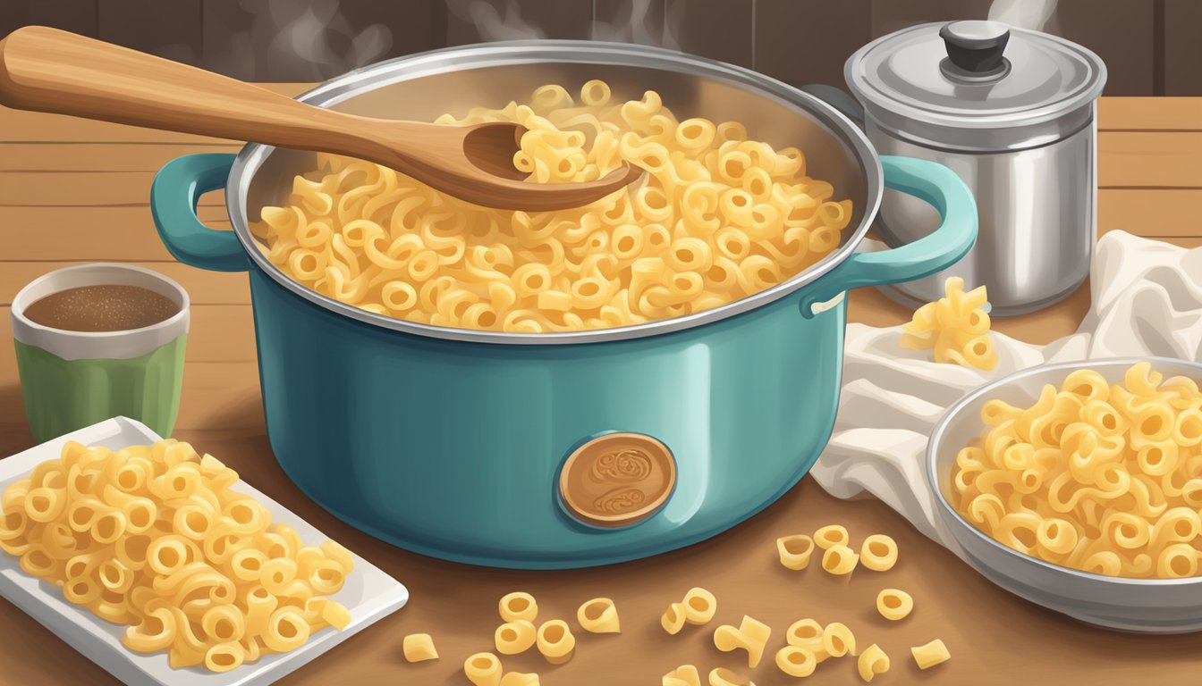 A pot of boiling water with kraft macaroni and cheese box next to it, a wooden spoon stirring the pasta