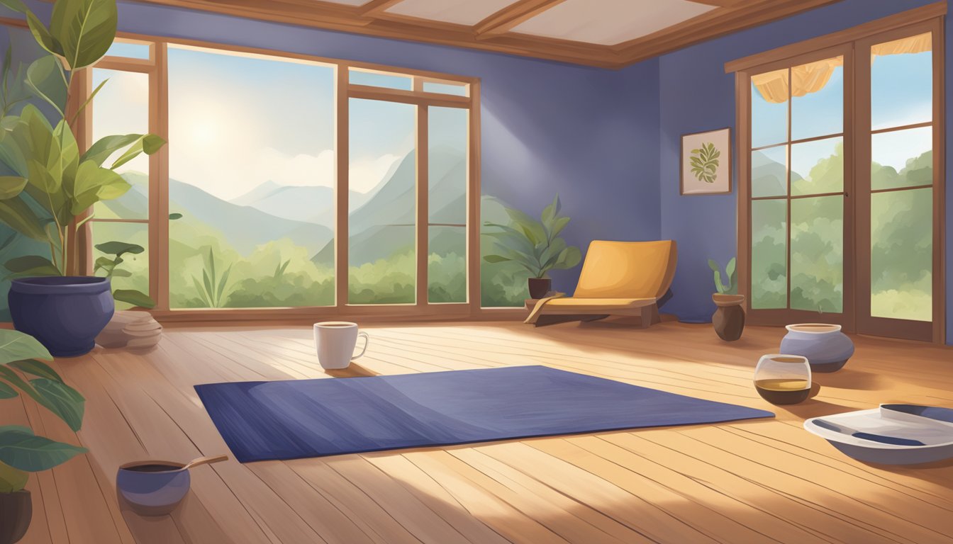 A serene yoga studio with a steaming cup of Yogi Organic Blueberry Slim Life tea on a bamboo mat