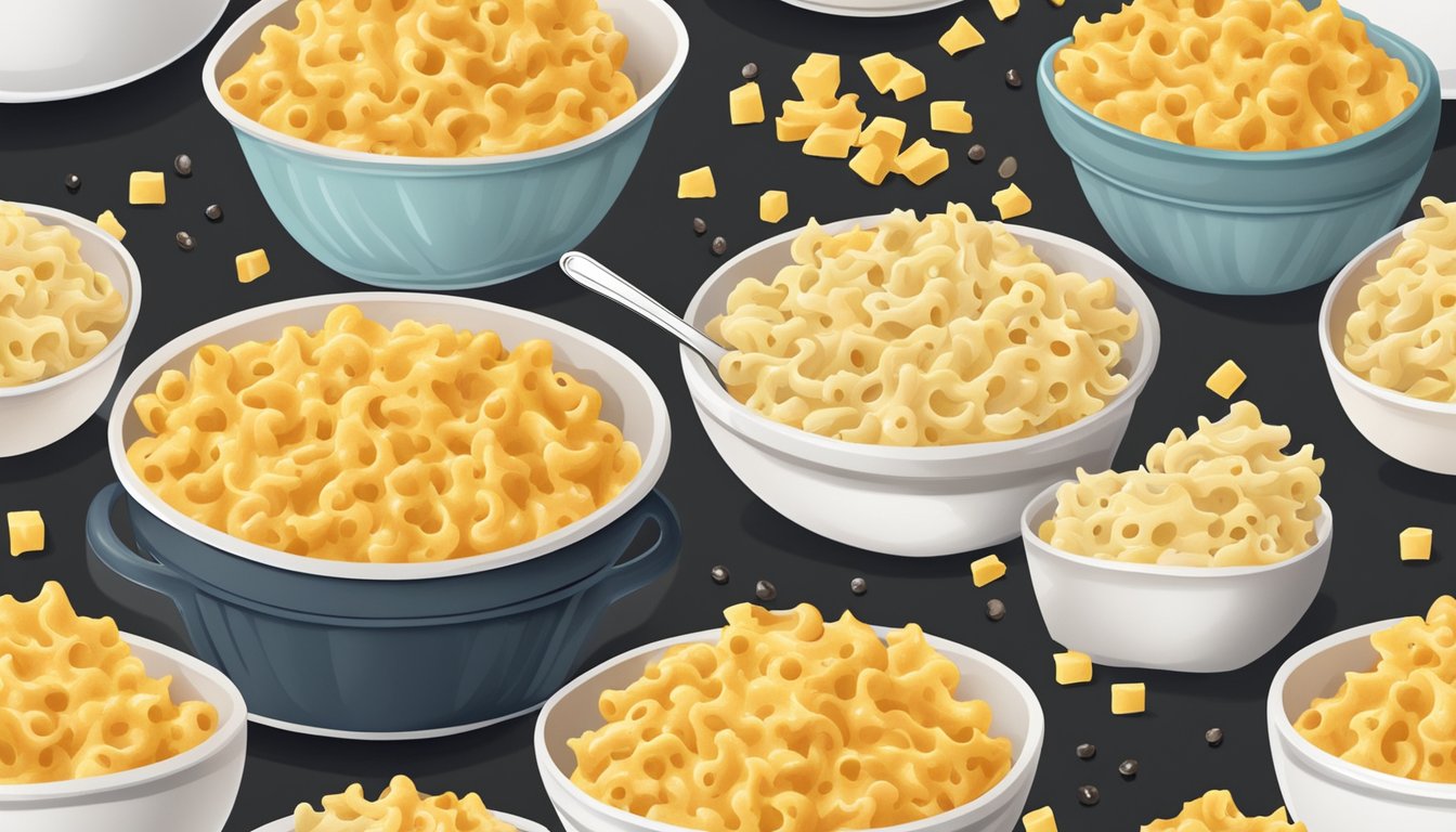 A steaming bowl of macaroni and cheese, topped with a sprinkle of black pepper and surrounded by a few scattered cheese shreds