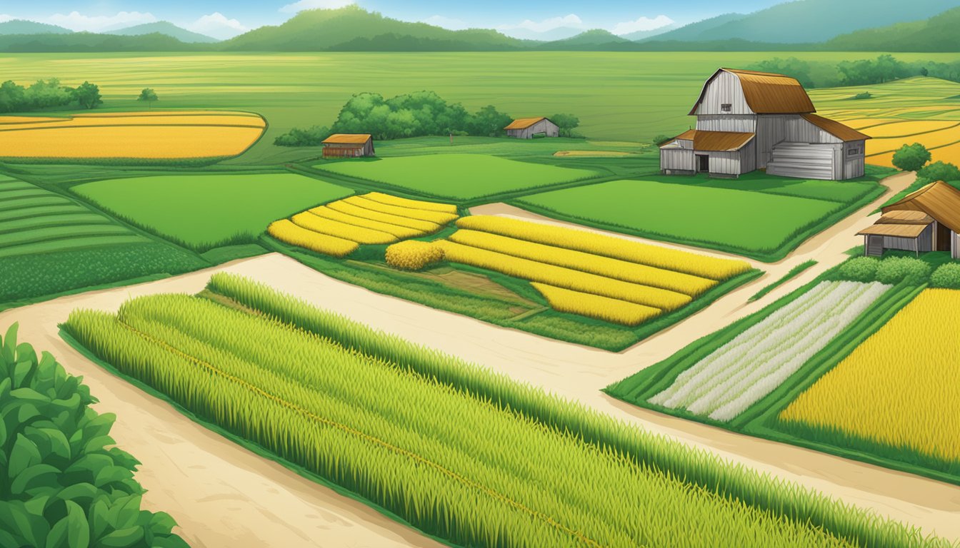 A lush rice field with the Lundberg Family Farms logo prominently displayed on a sign at the entrance