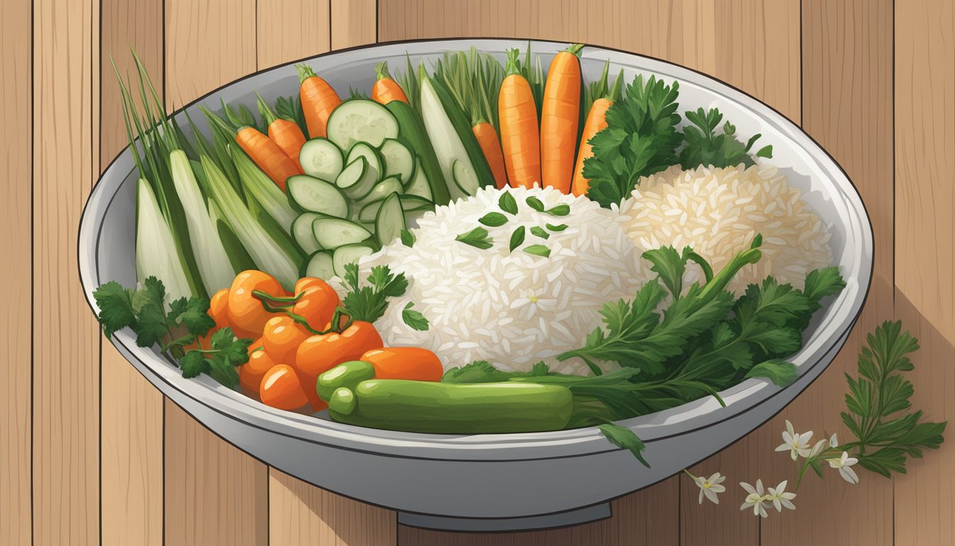 A bowl of Lundberg organic California white jasmine rice surrounded by fresh vegetables and herbs on a wooden table