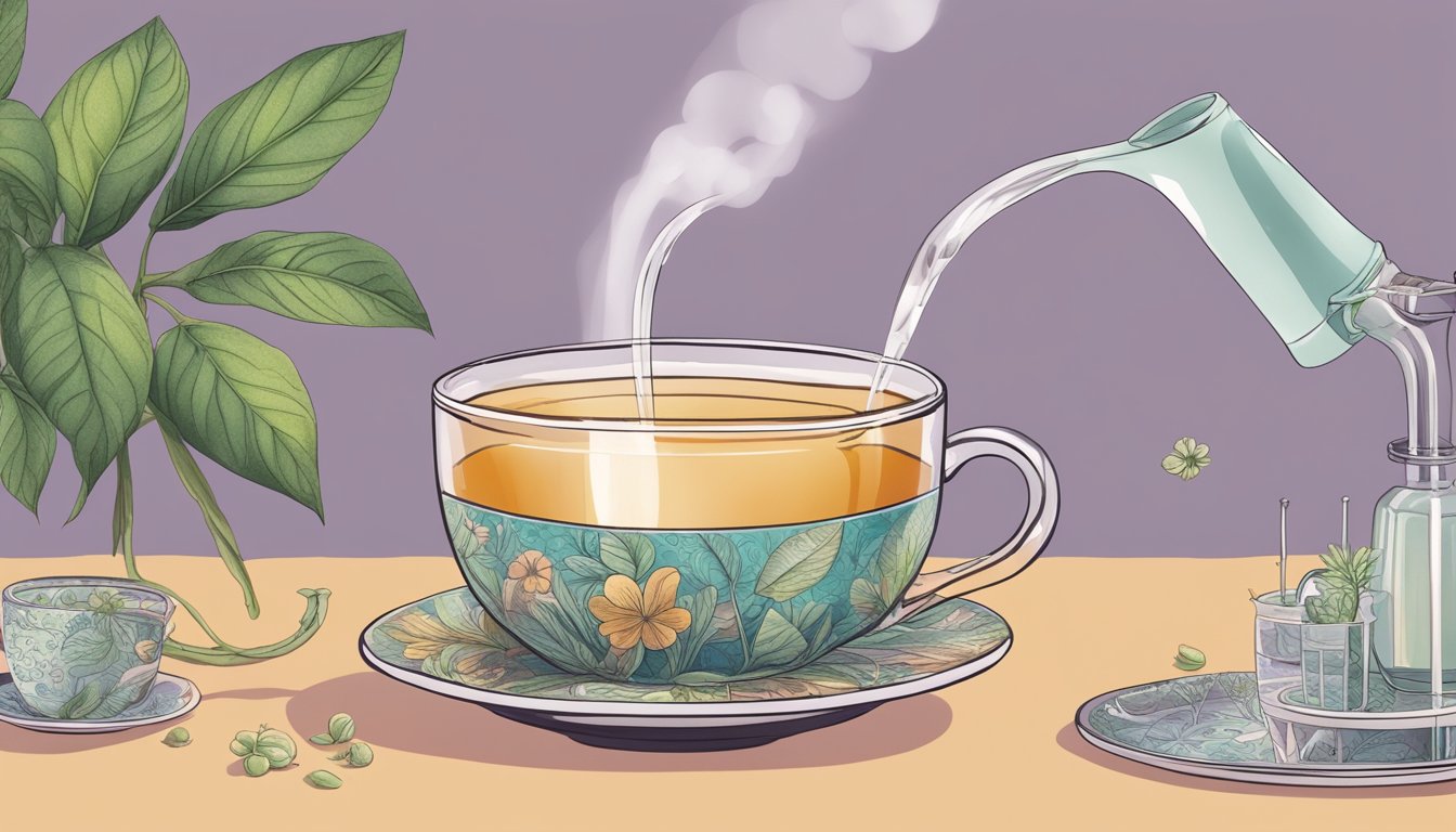 A steaming cup of Yogi Tea's organic detox tea is being poured into a delicate, patterned teacup, set against a backdrop of scientific equipment and botanical illustrations