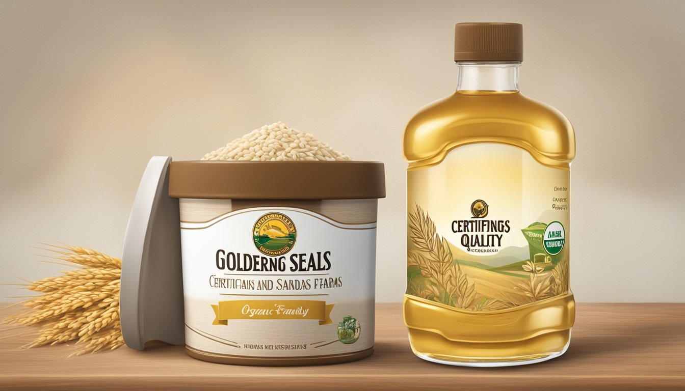 A golden seal with the words "Certifications and Quality Standards" above the Lundberg Family Farms logo and a bottle of organic brown rice syrup