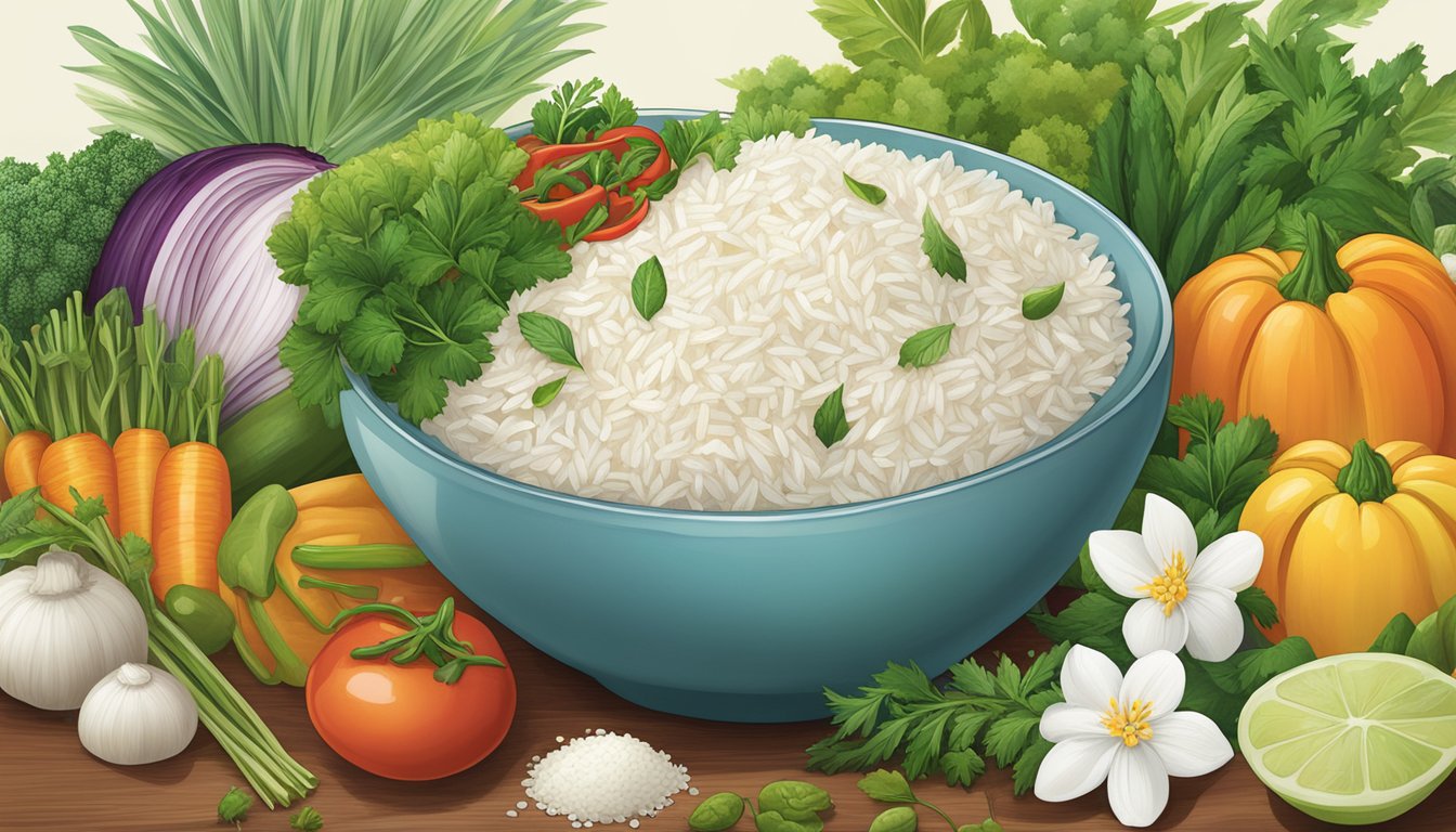 A bowl of Lundberg organic California white jasmine rice surrounded by colorful vegetables and herbs