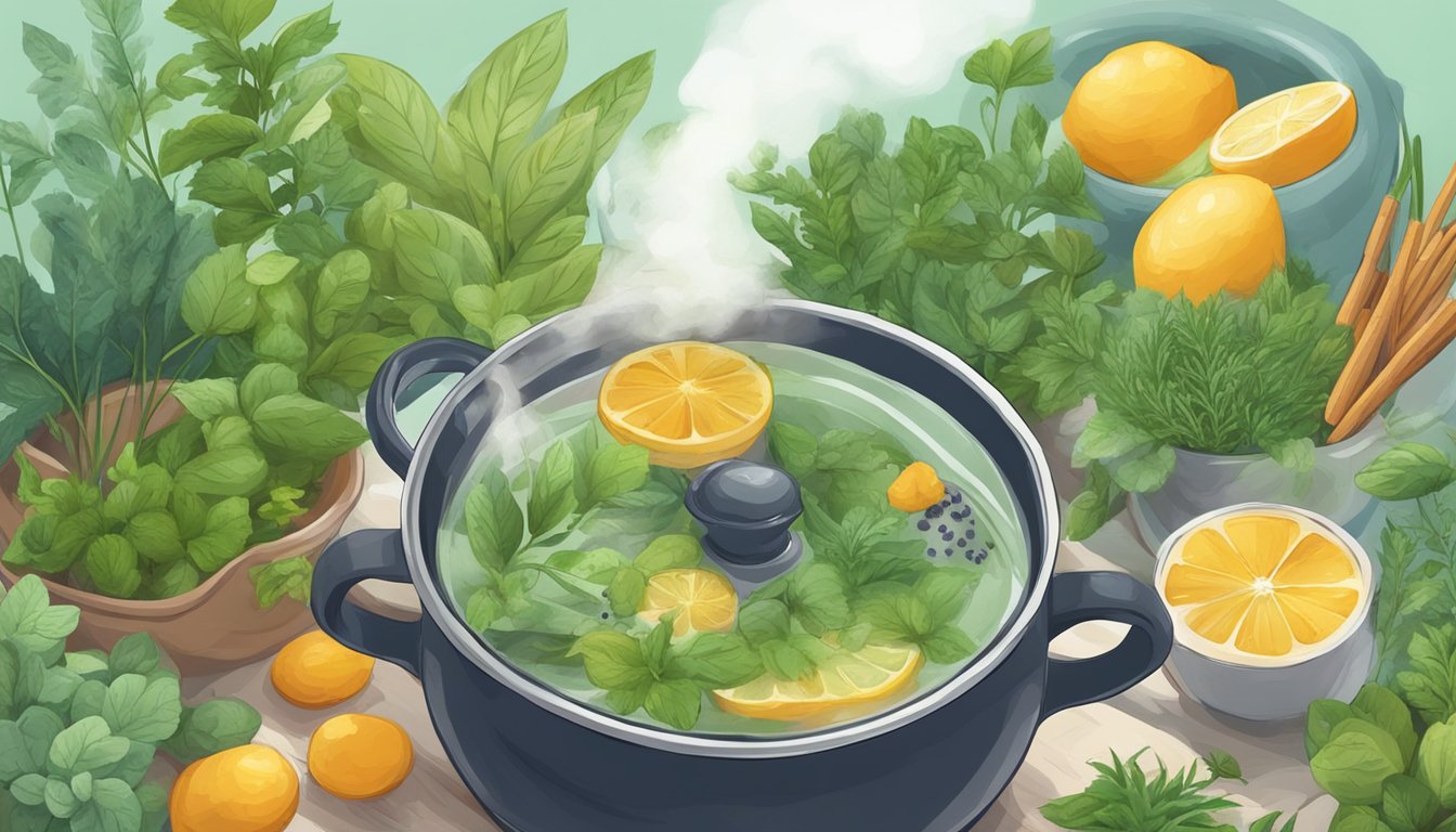 A serene garden with fresh herbs and spices being brewed into a steaming pot of detox tea