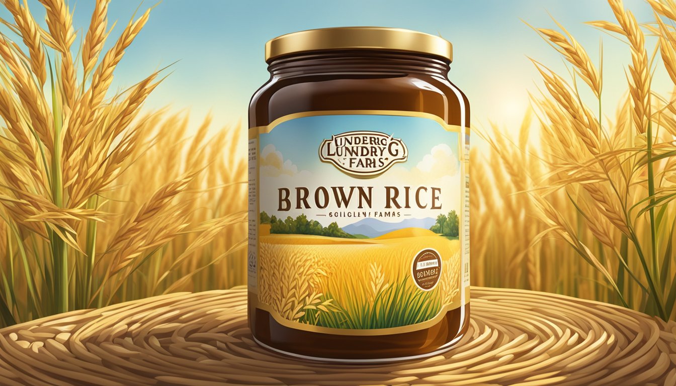 A glass jar of Lundberg Family Farms organic brown rice syrup surrounded by ripe golden-brown rice plants in a sunlit field