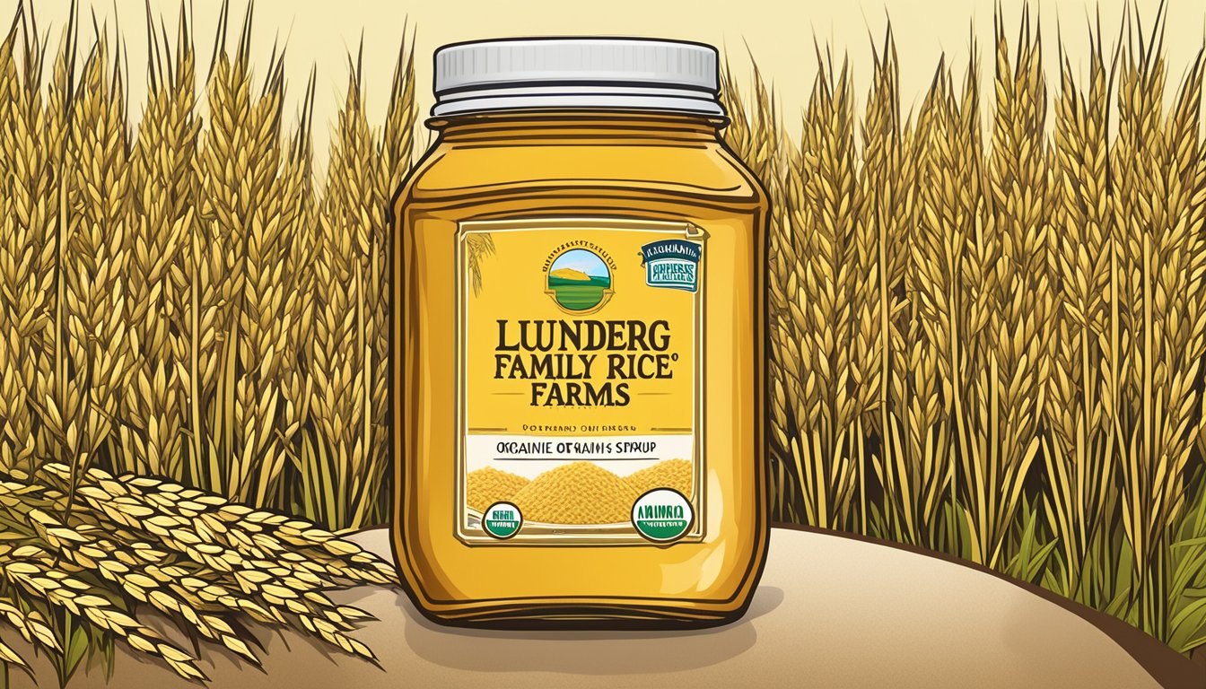 A jar of Lundberg Family Farms organic brown rice syrup surrounded by golden rice stalks and a banner indicating special pricing and offers