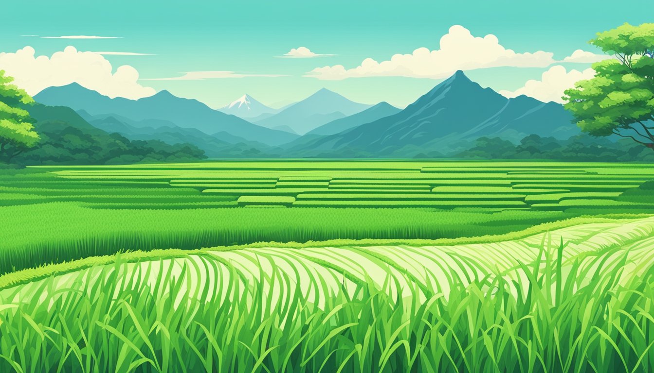 A lush green rice field with mountains in the background and a clear blue sky overhead