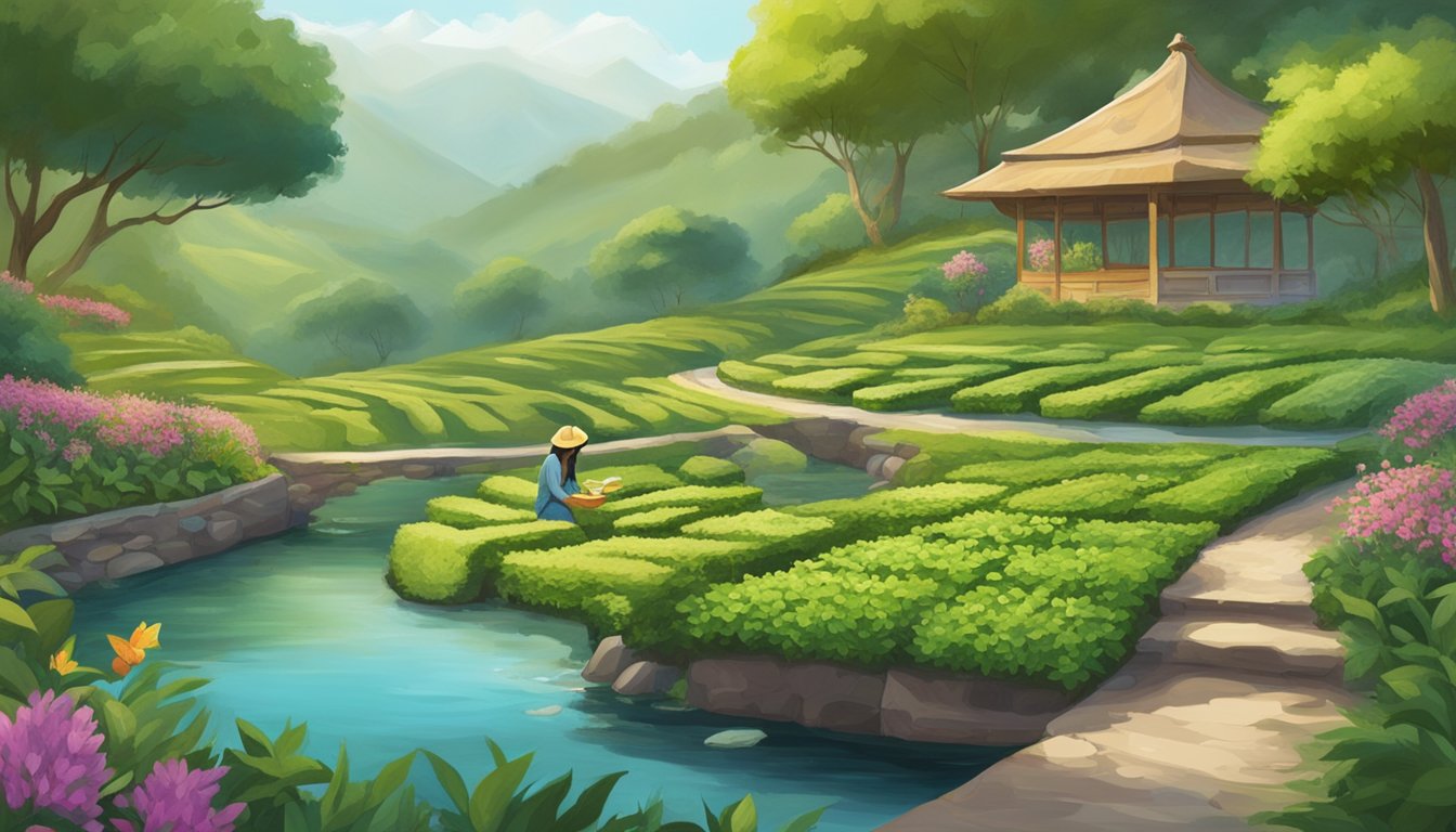 A serene tea garden with lush, vibrant plants and a clear stream, where a figure carefully selects and inspects organic herbs and spices for yogi tea