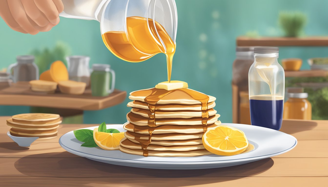 A jar of Lundberg Family Farms organic brown rice syrup being poured onto a stack of gluten-free pancakes