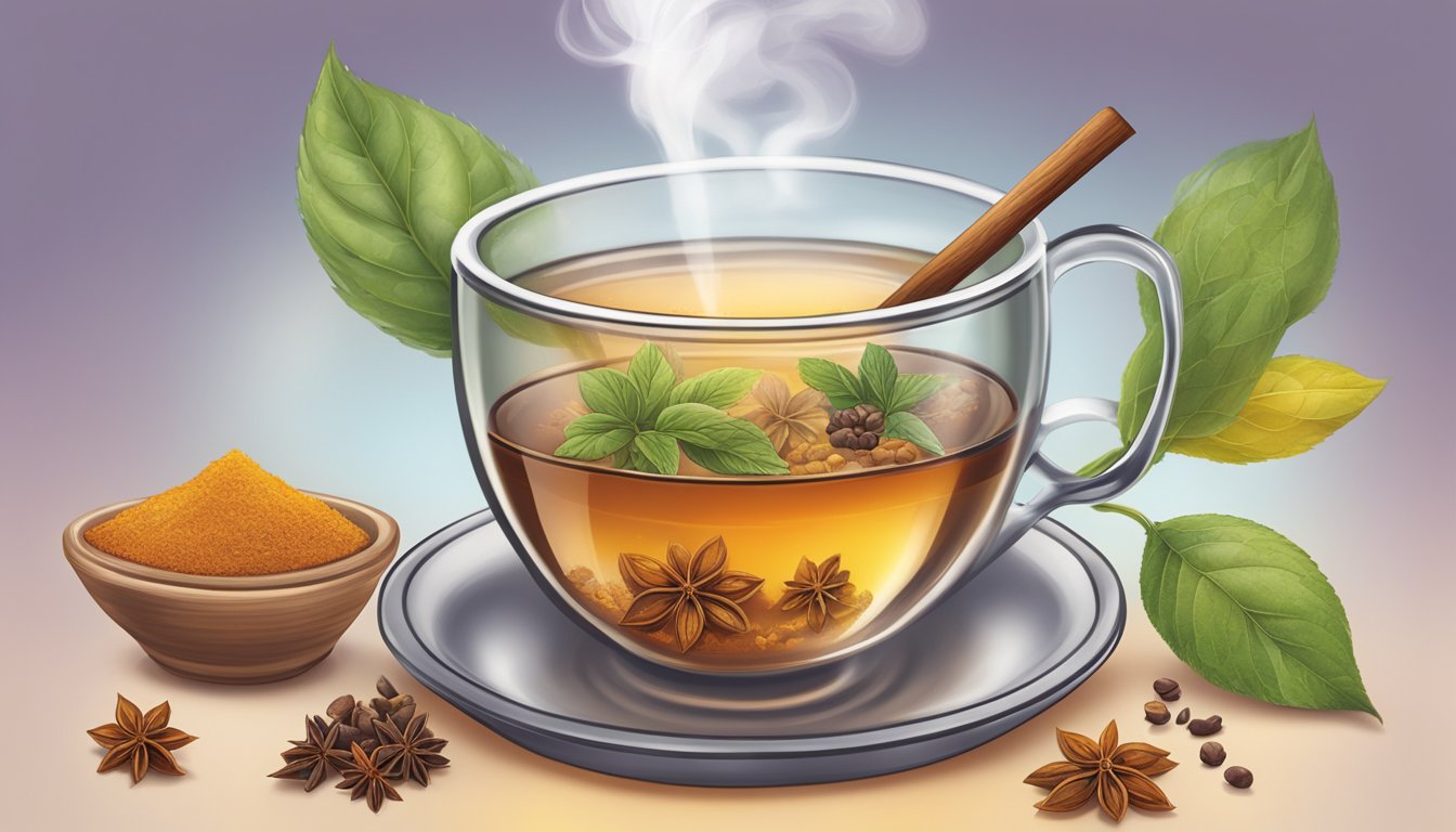 A steaming cup of Yogi Tea's organic detox tea being brewed with warm water and aromatic spices, creating a fragrant and soothing flavor profile