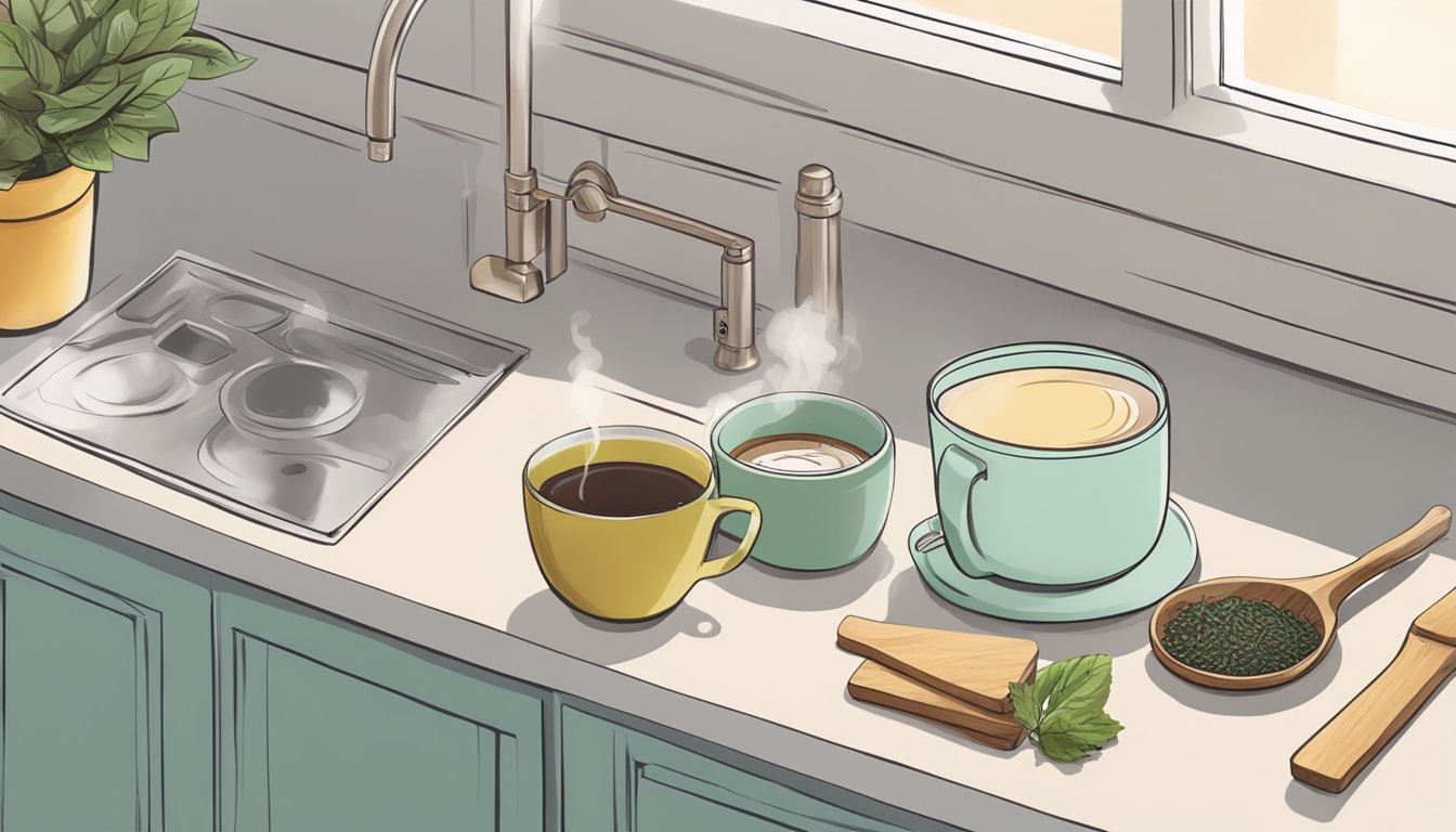 A serene, clutter-free kitchen counter with a steaming cup of Yogi Tea Organic Detox Tea and a few fresh, organic ingredients nearby