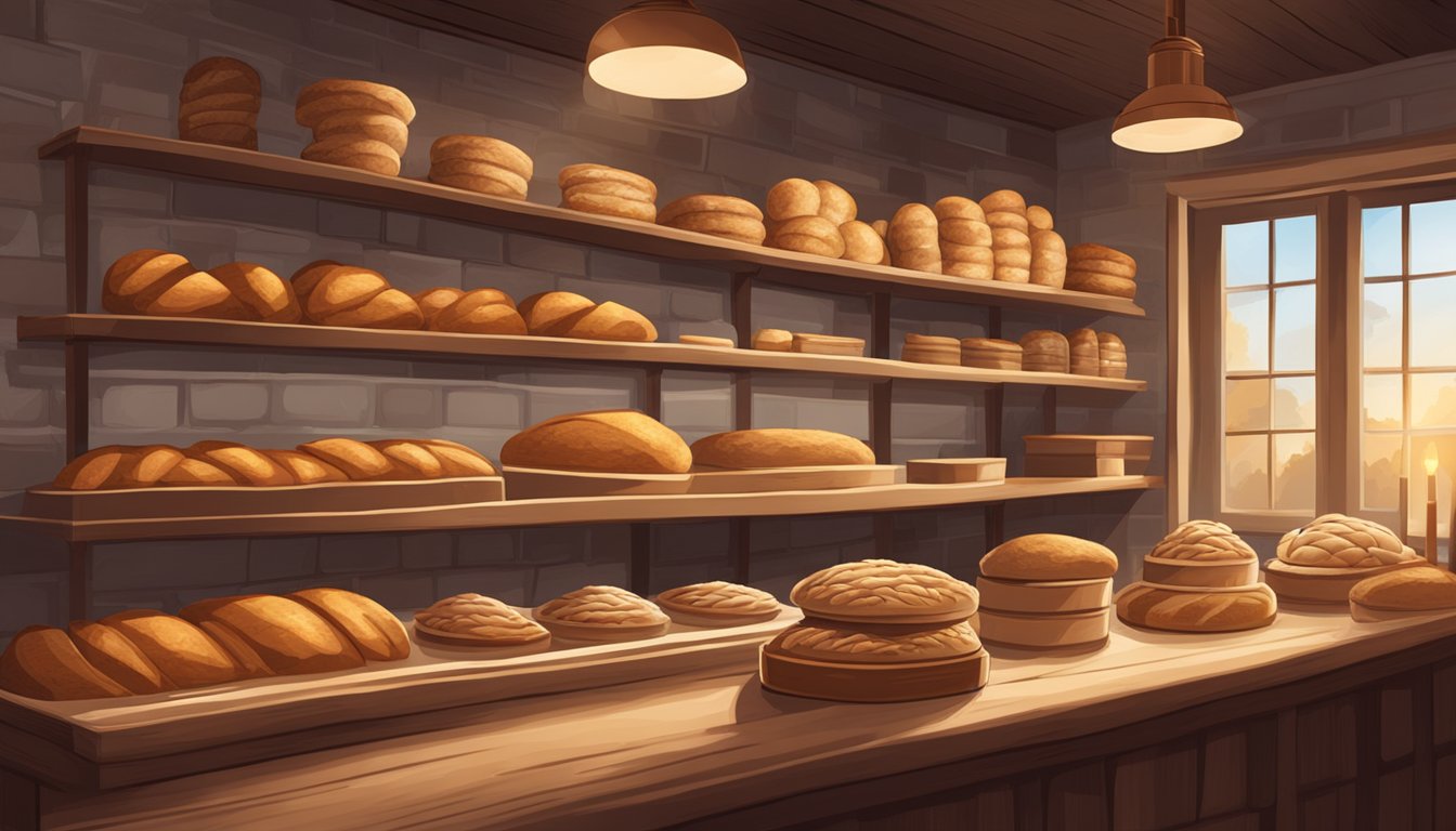 A rustic bakery with shelves of multigrain oat bread, warm lighting, and a cozy atmosphere