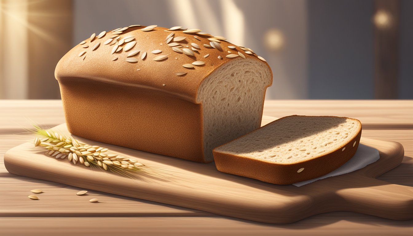 A loaf of multigrain oat bread sits on a wooden cutting board, surrounded by scattered oats and seeds. Sunlight streams in, casting a warm glow on the rustic, organic bakery product