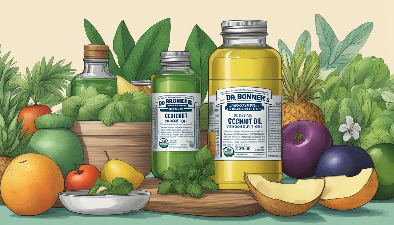 A kitchen counter with a jar of Dr. Bronner's organic virgin coconut oil surrounded by fresh fruits, vegetables, and herbs