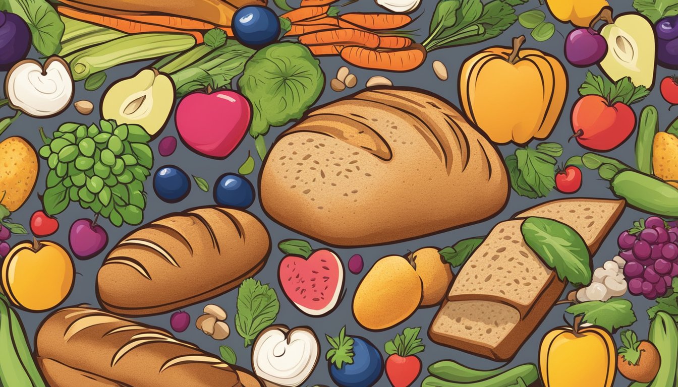 A loaf of Rudis organic multigrain oat bread surrounded by colorful fruits and vegetables, with a heart symbolizing health benefits above it