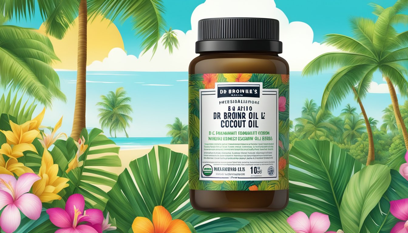 A jar of Dr. Bronner's organic virgin coconut oil surrounded by tropical coconut trees and vibrant flowers