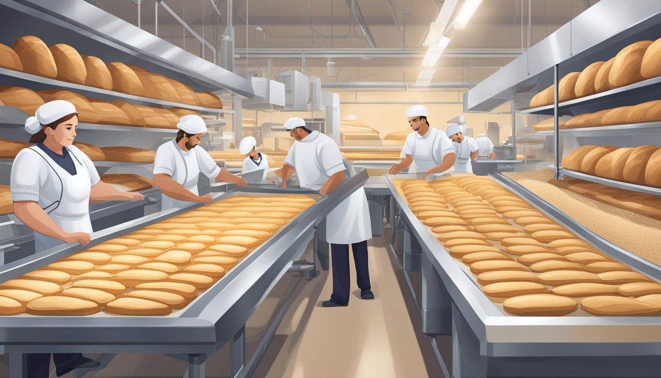 A bustling bakery with workers inspecting freshly baked multigrain oat bread on a conveyor belt. Quality control equipment and packaging materials line the production area