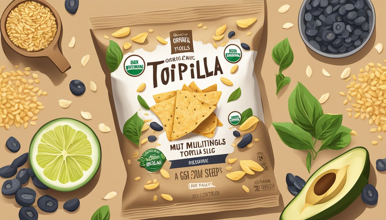 A bag of late july organic multigrain tortilla chips surrounded by various grains and seeds