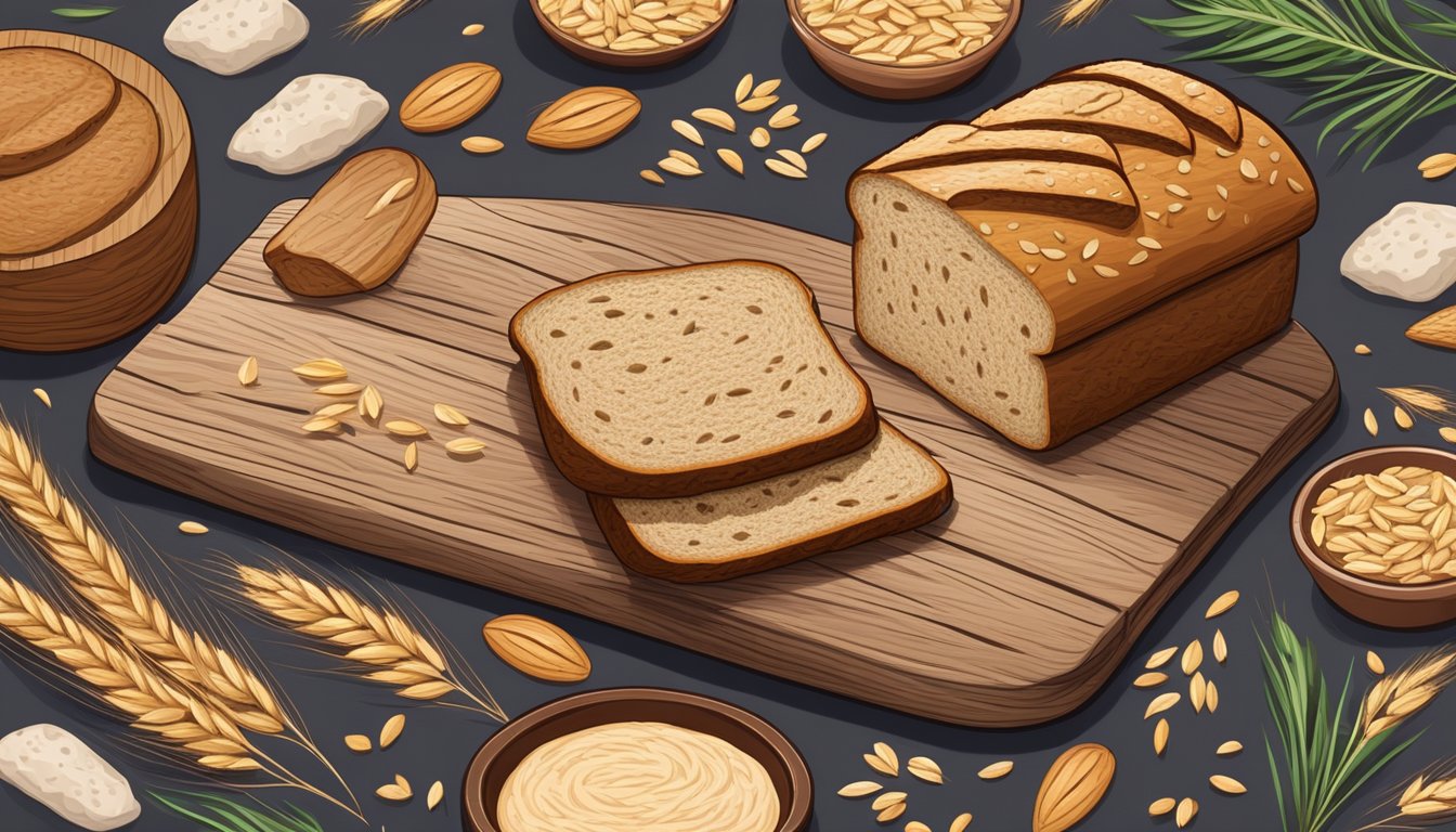 A rustic wooden cutting board with slices of multigrain oat bread, surrounded by a scattering of whole grains and seeds