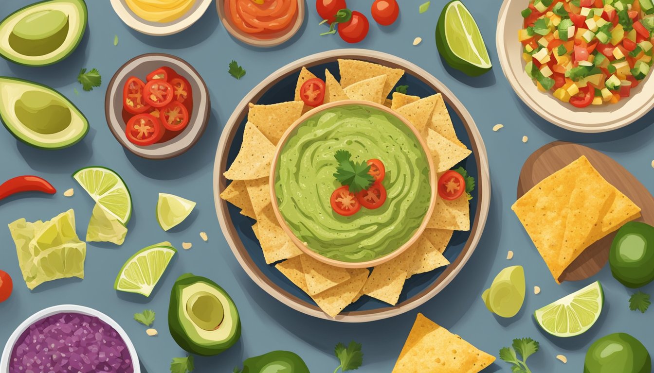 A bowl of late july organic multigrain tortilla chips next to a colorful array of fresh salsa, guacamole, and hummus for dipping