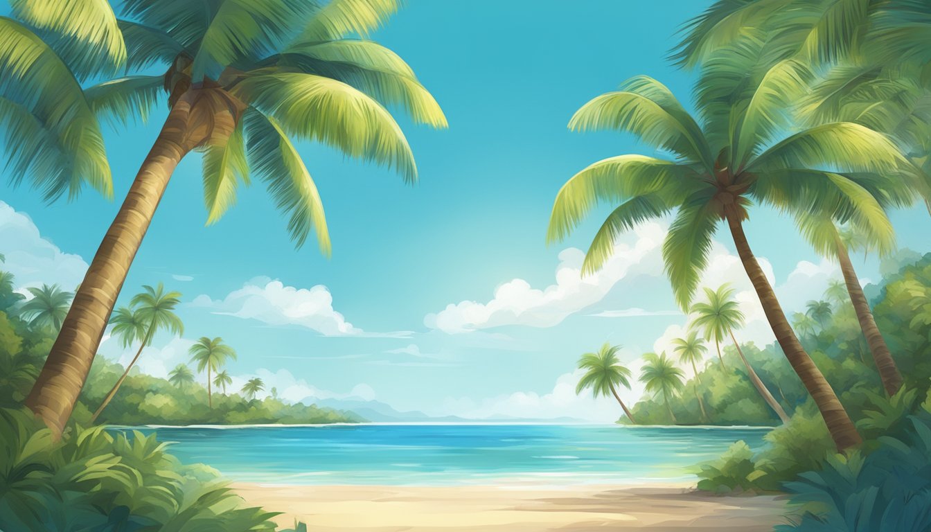 A lush, tropical coconut grove with ripe coconuts hanging from the palm trees, surrounded by clear blue ocean water and a clear sky