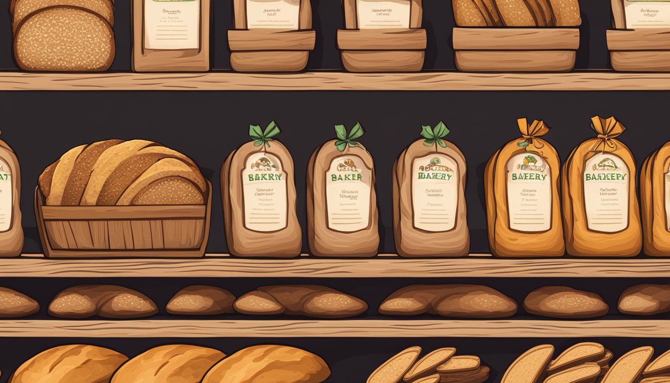 A rustic wooden shelf displaying various loaves of Rudis Organic Bakery multigrain oat bread, with price tags and purchase options clearly labeled