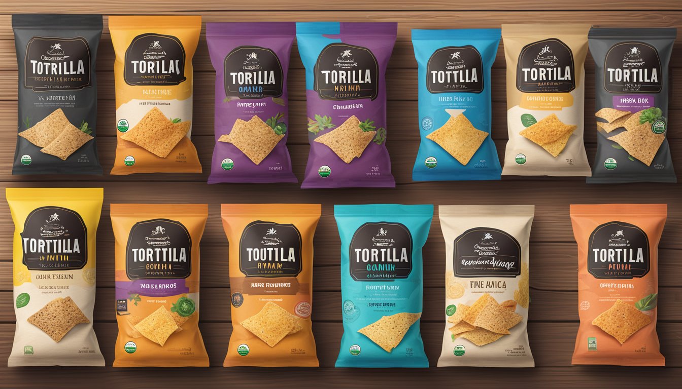 A colorful display of late july organic multigrain tortilla chips in various flavors and packaging options arranged on a wooden table