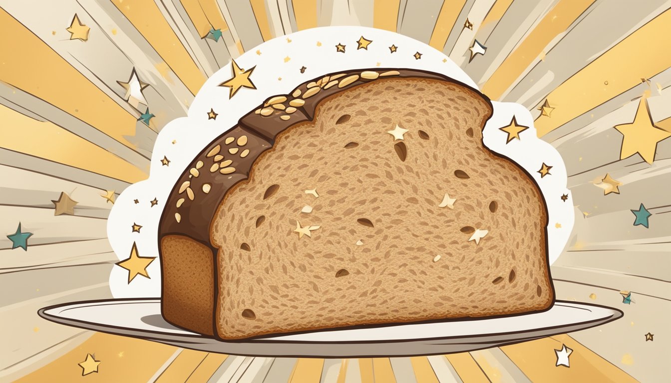 A slice of multigrain oat bread with a bite taken out, surrounded by positive review stars and comments