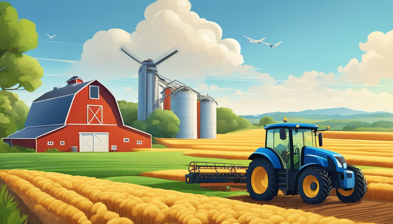 A serene farm scene with rolling fields of organic grains, a clear blue sky, and a small sustainable production facility