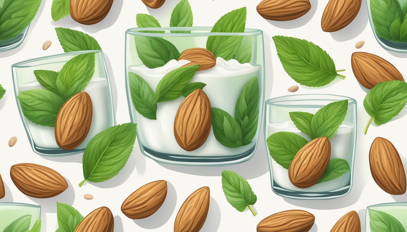 A glass of Pacific Natural Foods organic unsweetened almond milk surrounded by almonds and a sprig of fresh mint