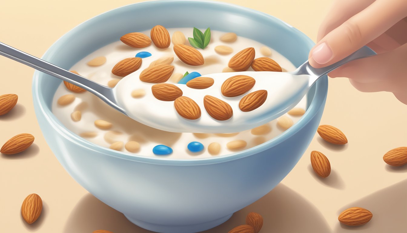 A glass of Pacific Natural Foods Organic Unsweetened Almond Milk being poured into a bowl of cereal