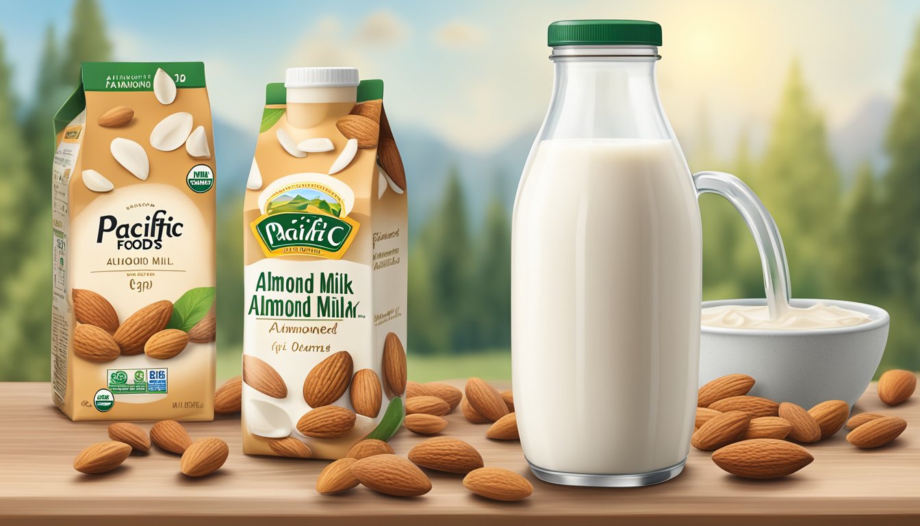 A carton of Pacific Natural Foods organic unsweetened almond milk surrounded by almonds and a measuring cup with nutritional information