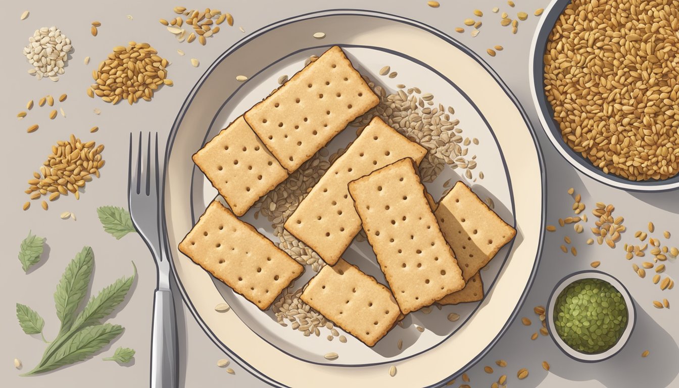 A table with a plate of Simple Mills organic seed flour crackers, surrounded by scattered seeds and a few whole ingredients like flaxseeds and sunflower seeds