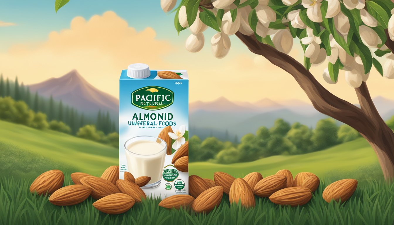 A carton of Pacific Natural Foods organic unsweetened almond milk surrounded by fresh almonds and a lush almond tree in the background