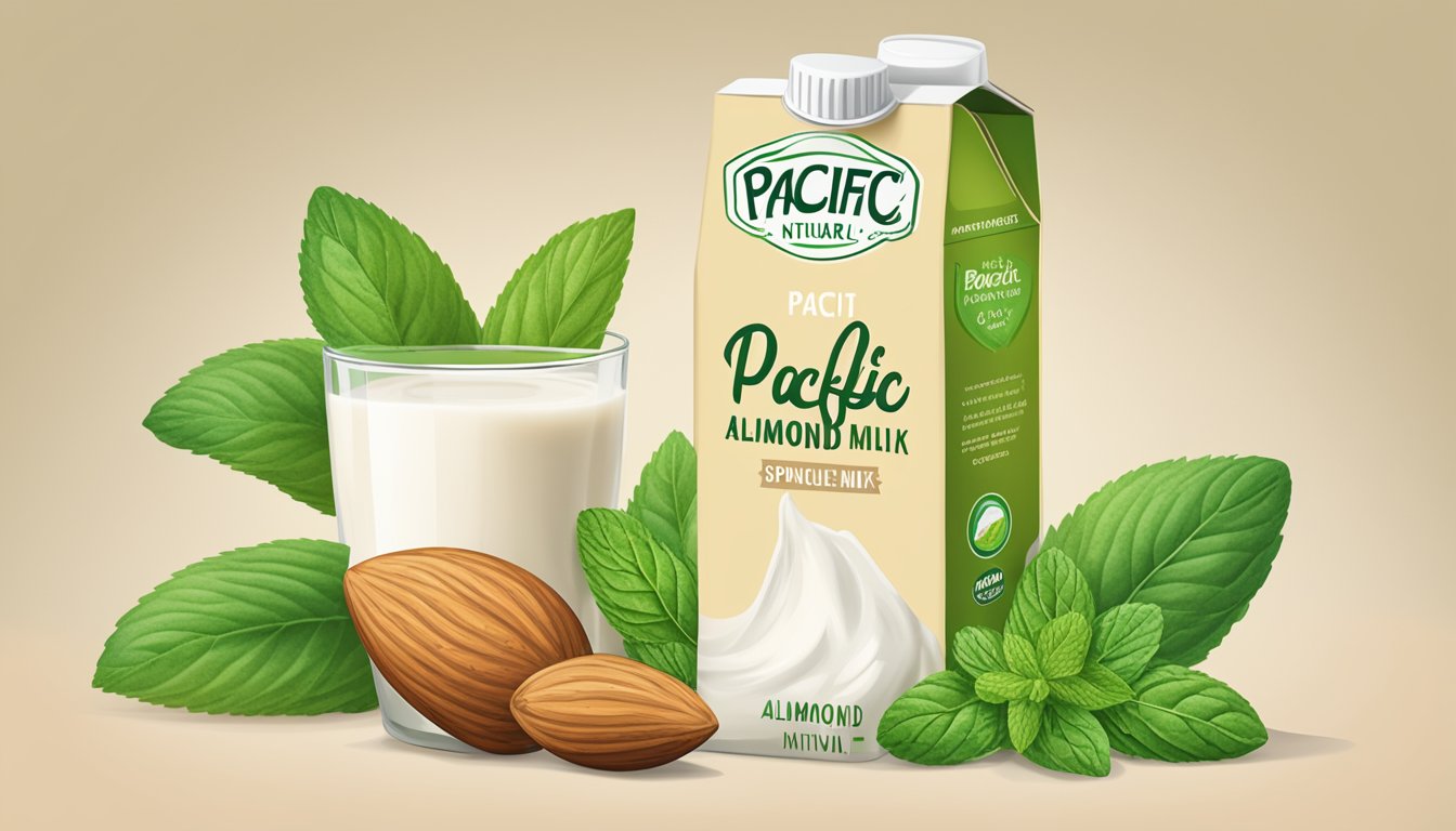 A glass of Pacific Natural Foods organic unsweetened almond milk next to a carton, surrounded by almonds and a sprig of fresh mint