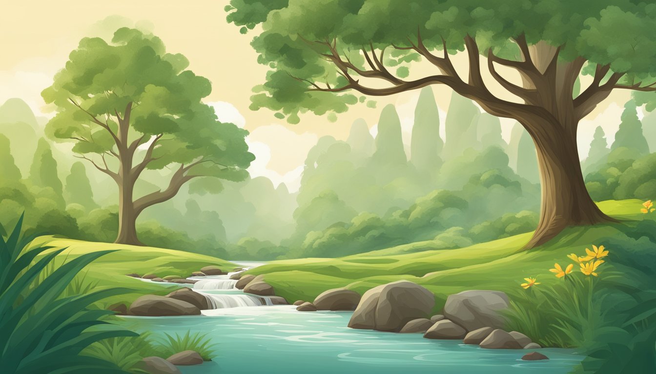 A serene forest with a flowing stream, surrounded by lush greenery and wildlife, with a label of "Sustainable and Ethical Practices pacific natural foods organic unsweetened almond milk" integrated into the natural landscape